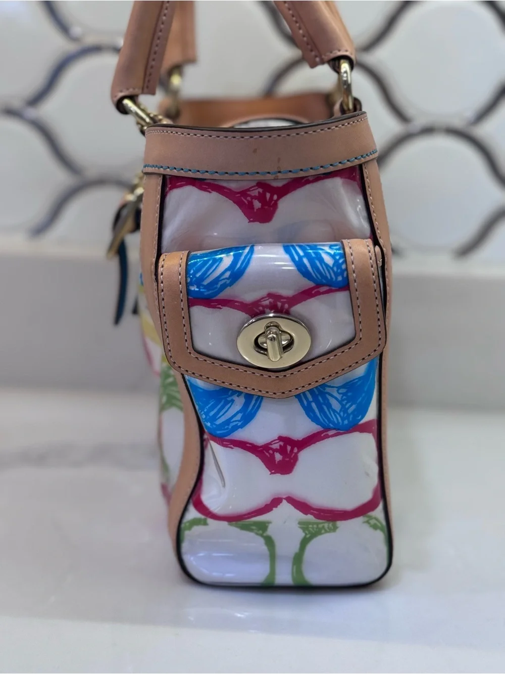 Coach Multicolor Logo Print Boxy  Tote w/ Tan Leather - Vintage -Limited Edition